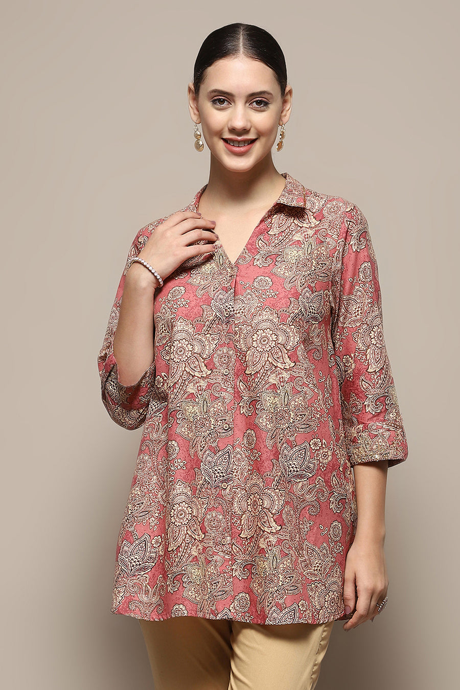 Rust Cotton Floral Printed A-Line Shirt Style Kurti K60