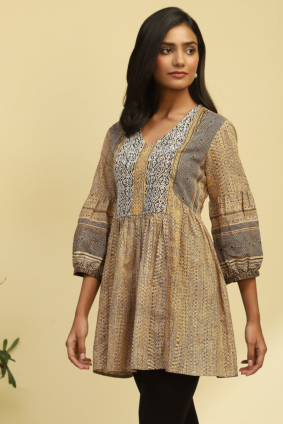 Beige Cotton Printed Flared Kurti K60