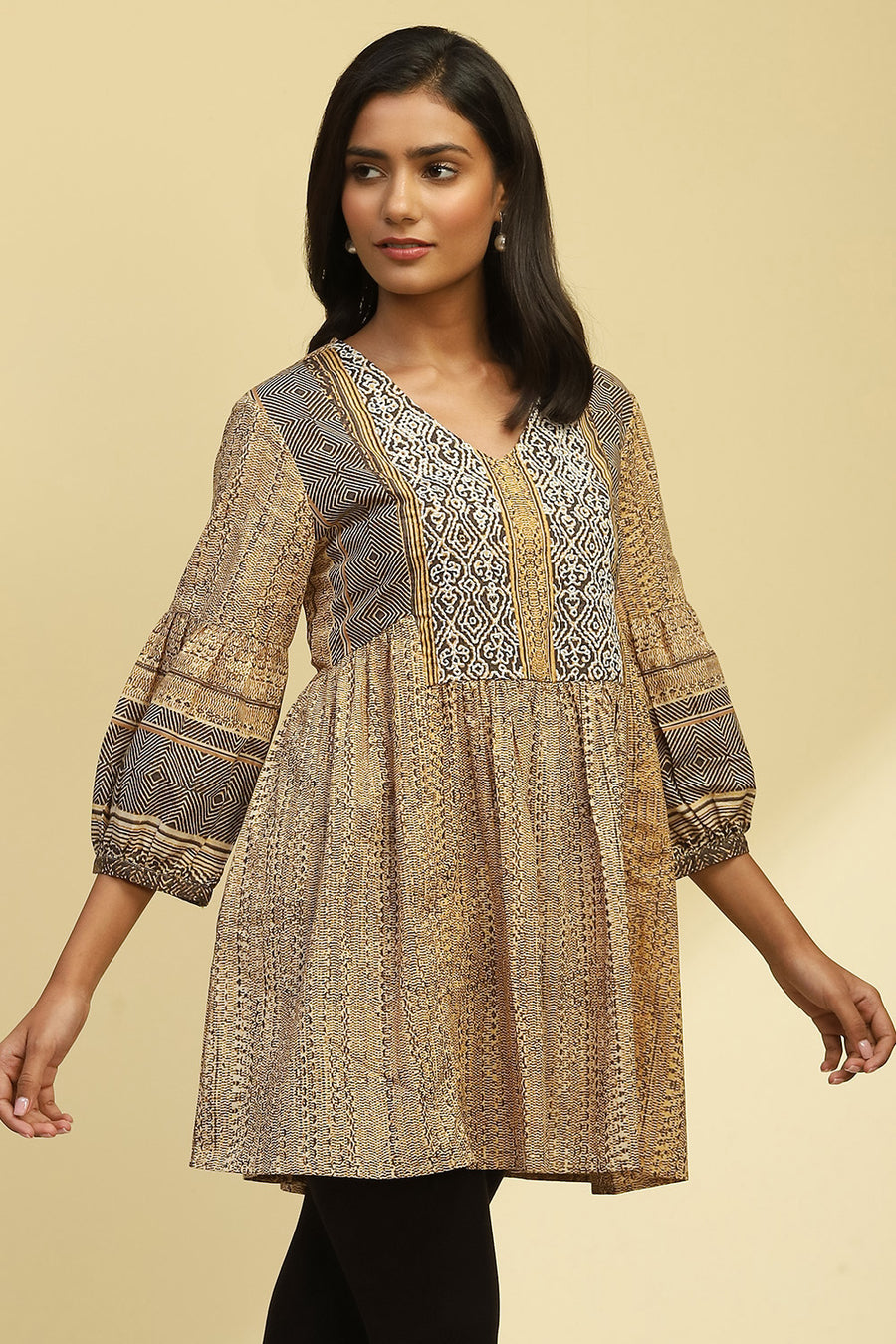 Beige Cotton Printed Flared Kurti K60