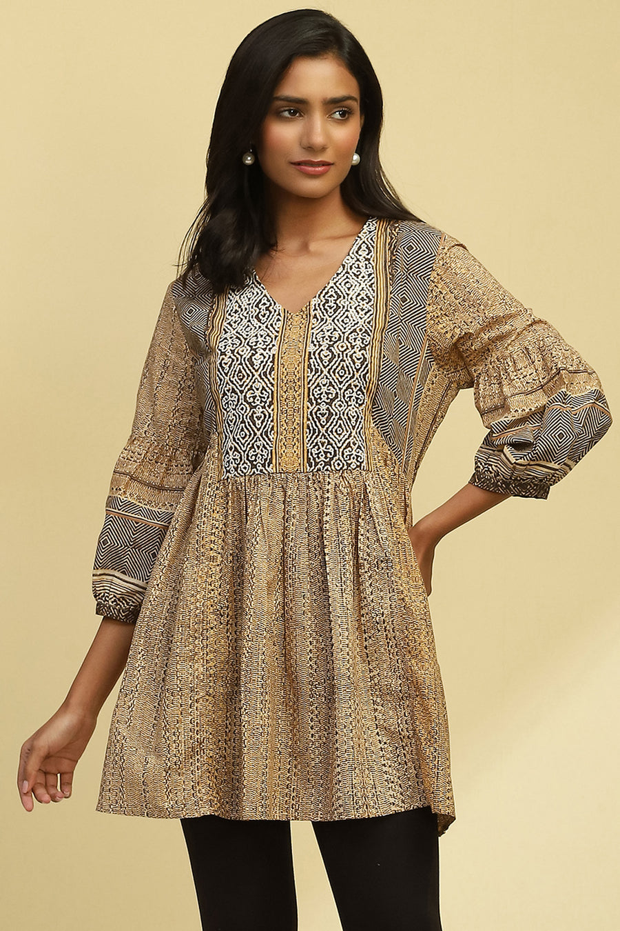 Beige Cotton Printed Flared Kurti K60