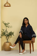 Navy Blue Cotton Solid Straight Top K60