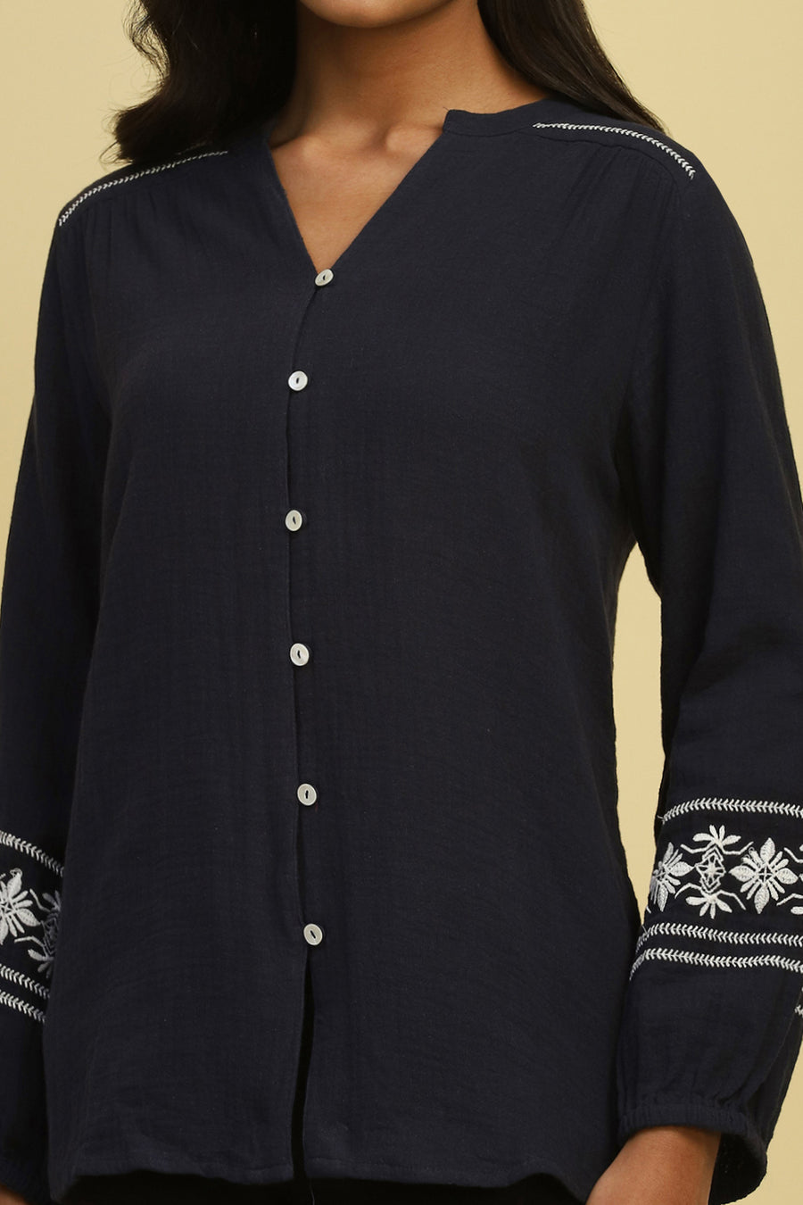 Navy Blue Cotton Solid Straight Top K60