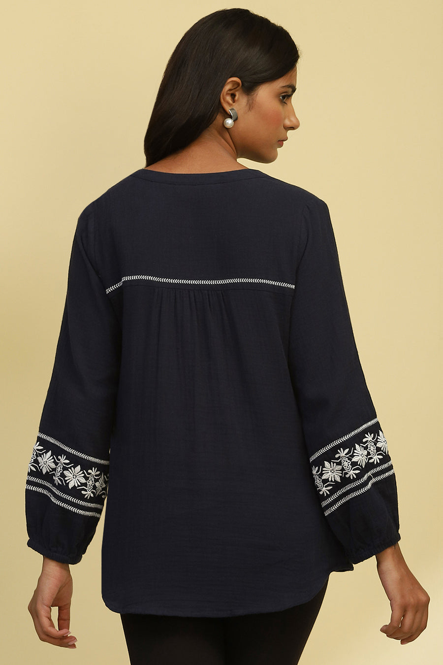 Navy Blue Cotton Solid Straight Top K60