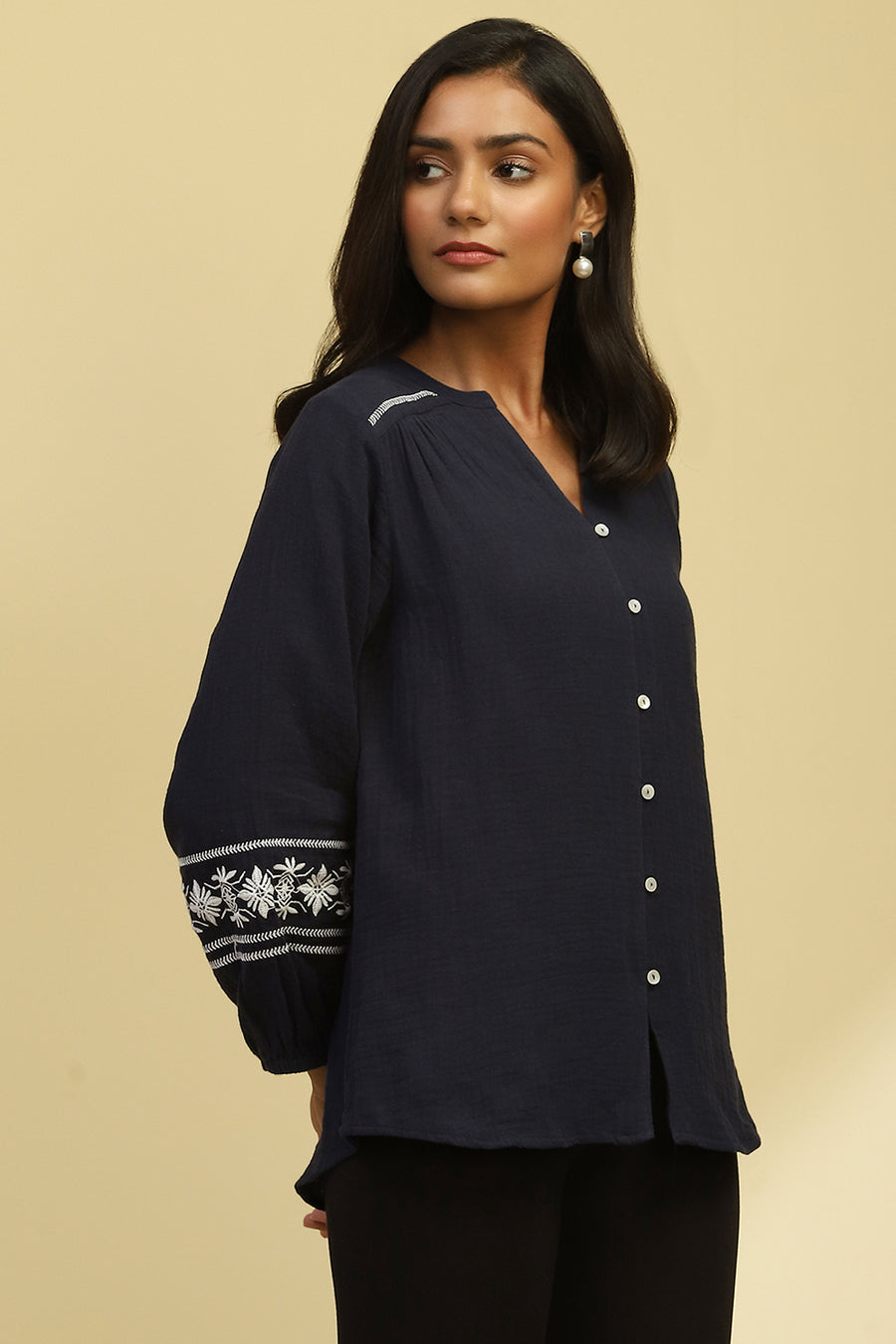 Navy Blue Cotton Solid Straight Top K60