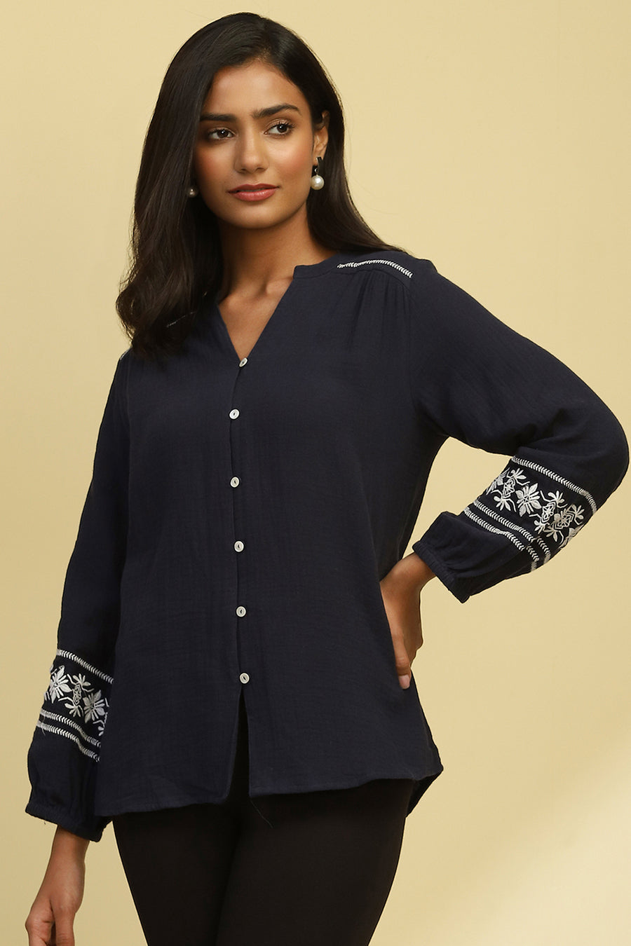 Navy Blue Cotton Solid Straight Top K60