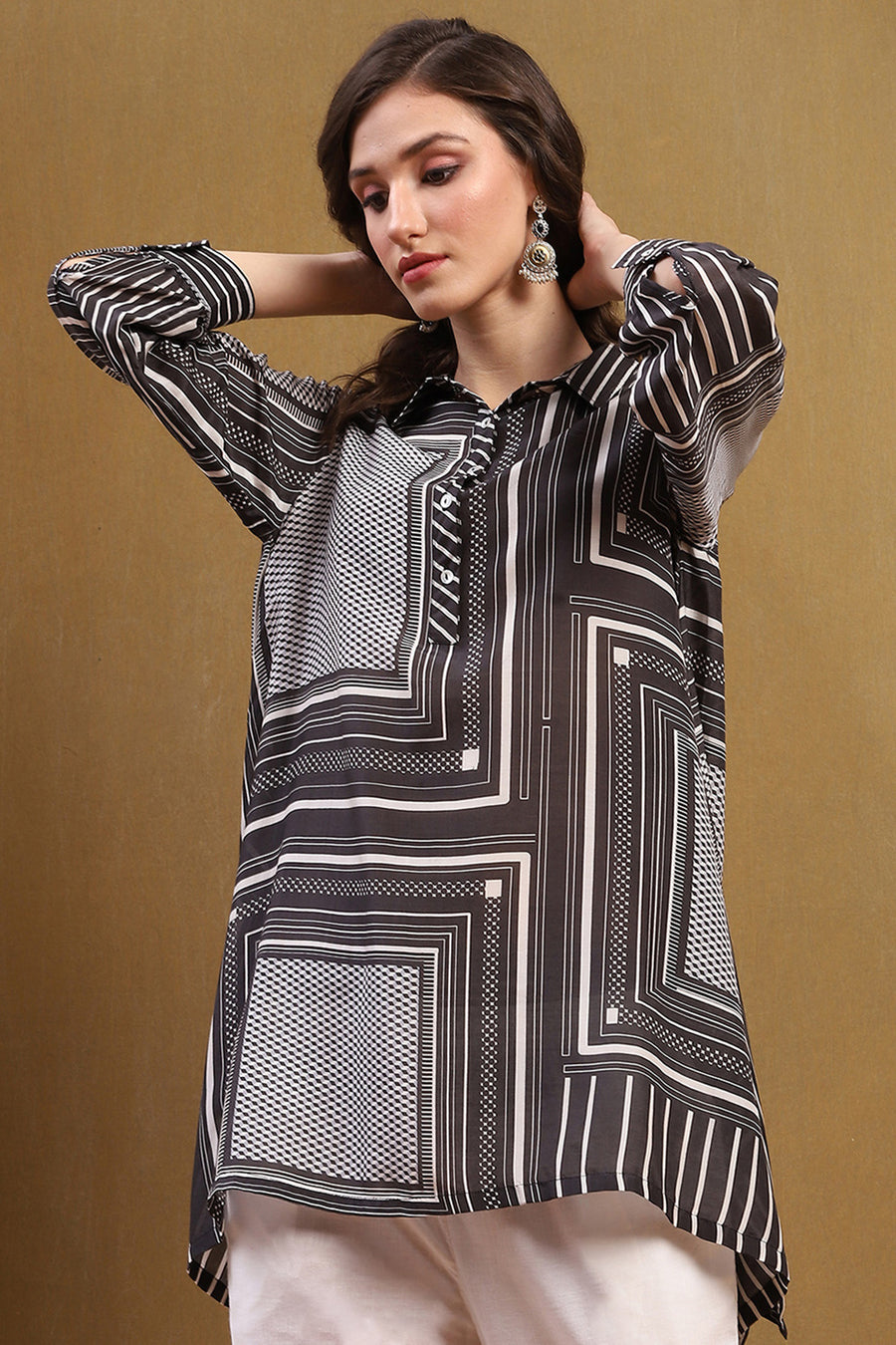 Black Viscose Blend Hand-Blocked Printed Short Kurta K60