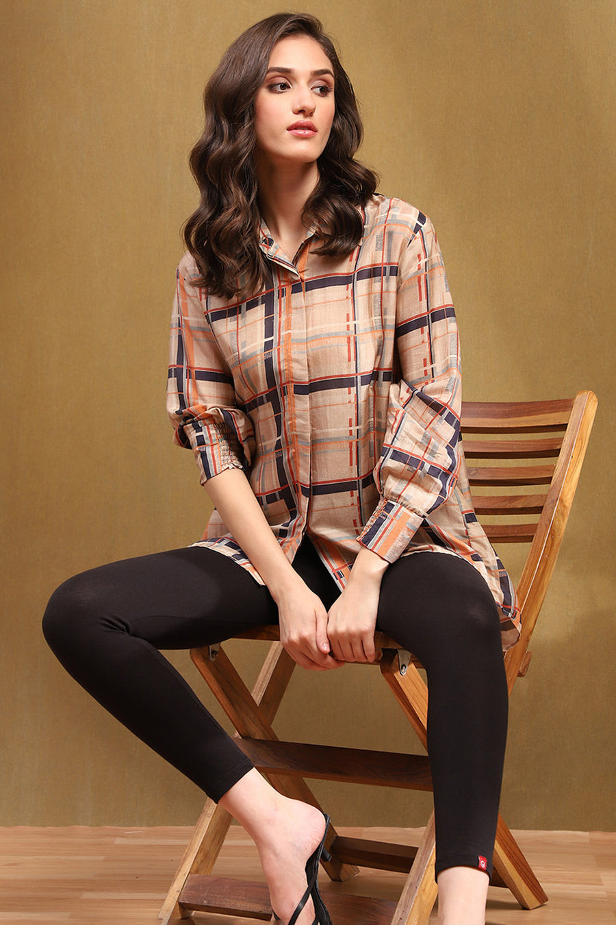 Beige Viscose Blend Checked Shirt-Style Kurti K60