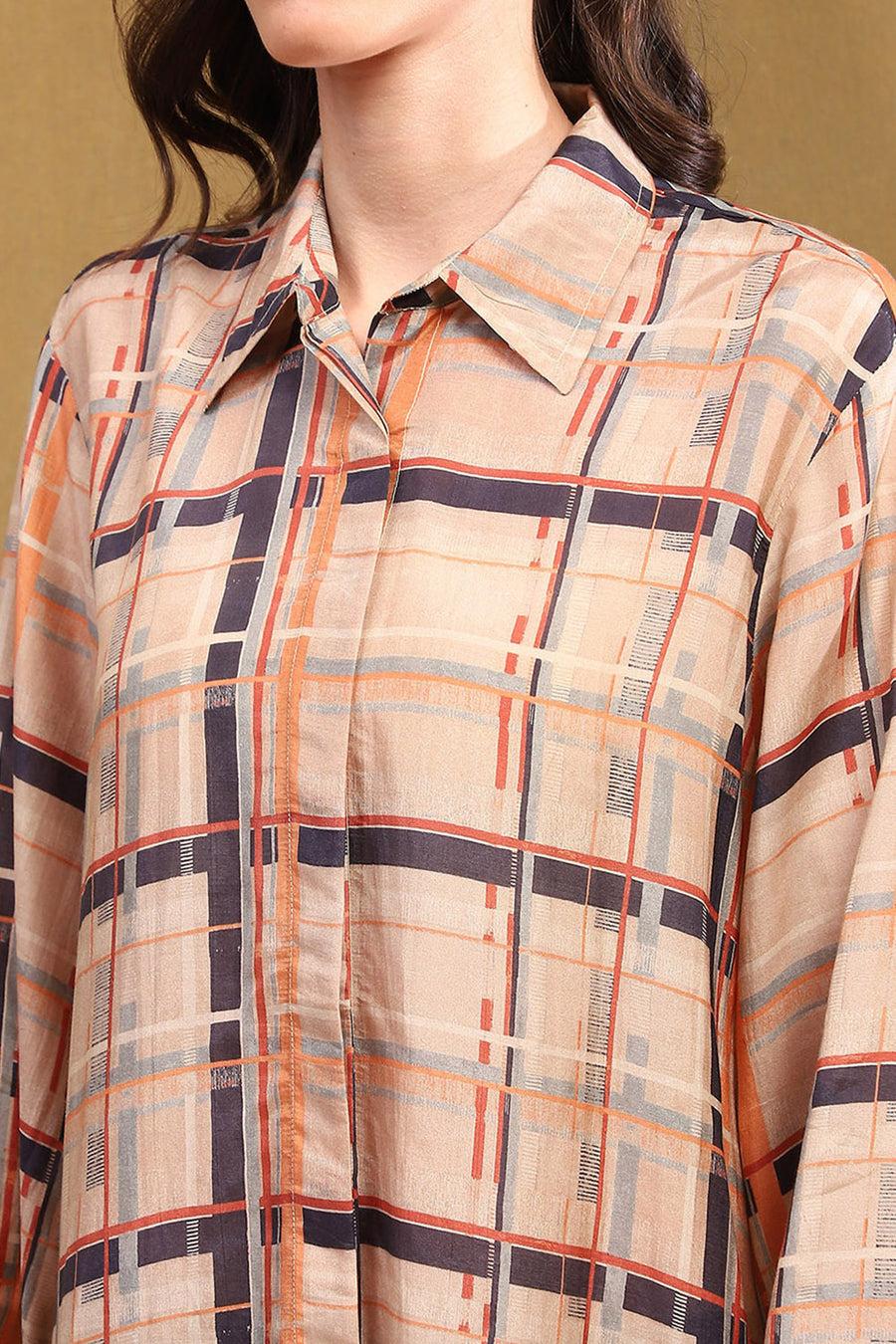 Beige Viscose Blend Checked Shirt-Style Kurti K60