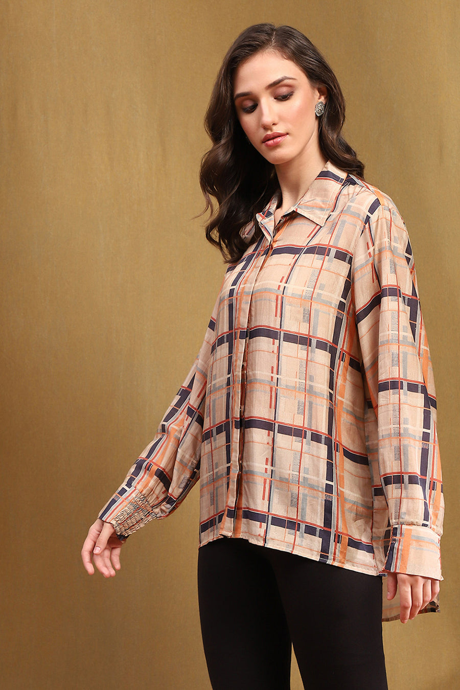 Beige Viscose Blend Checked Shirt-Style Kurti K60