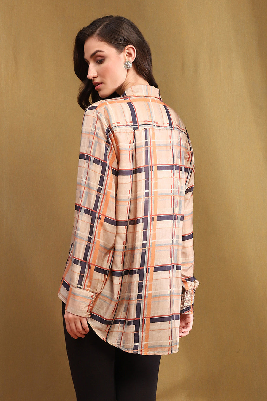 Beige Viscose Blend Checked Shirt-Style Kurti K60