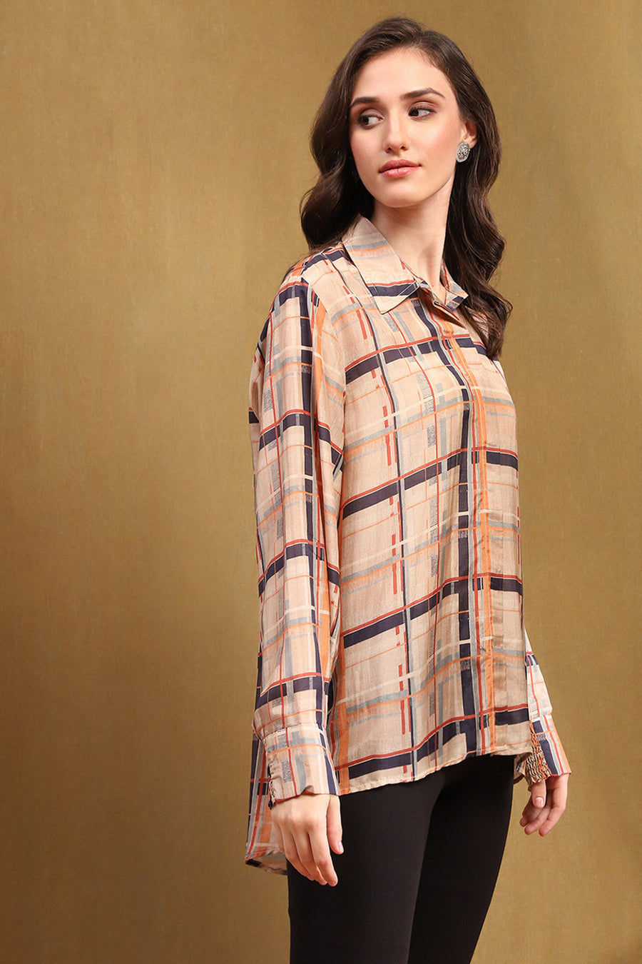 Beige Viscose Blend Checked Shirt-Style Kurti K60