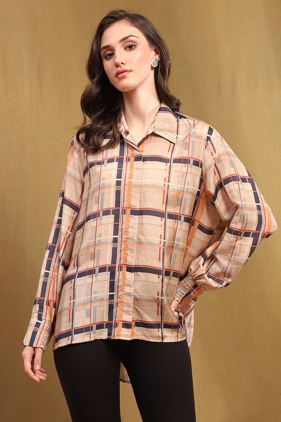 Beige Viscose Blend Checked Shirt-Style Kurti K60