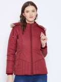 Women's Maroon Winter Wear Full Sleeve Solid Parka Jacket | JC78 - view 1