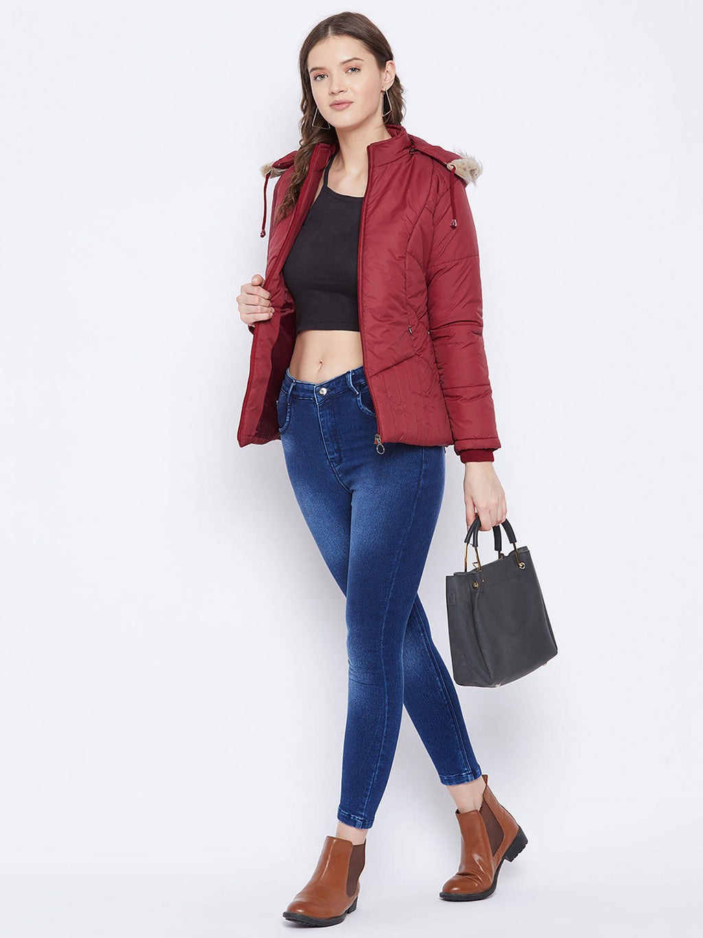 Women's Maroon Winter Wear Full Sleeve Solid Parka Jacket | JC78 - view 2