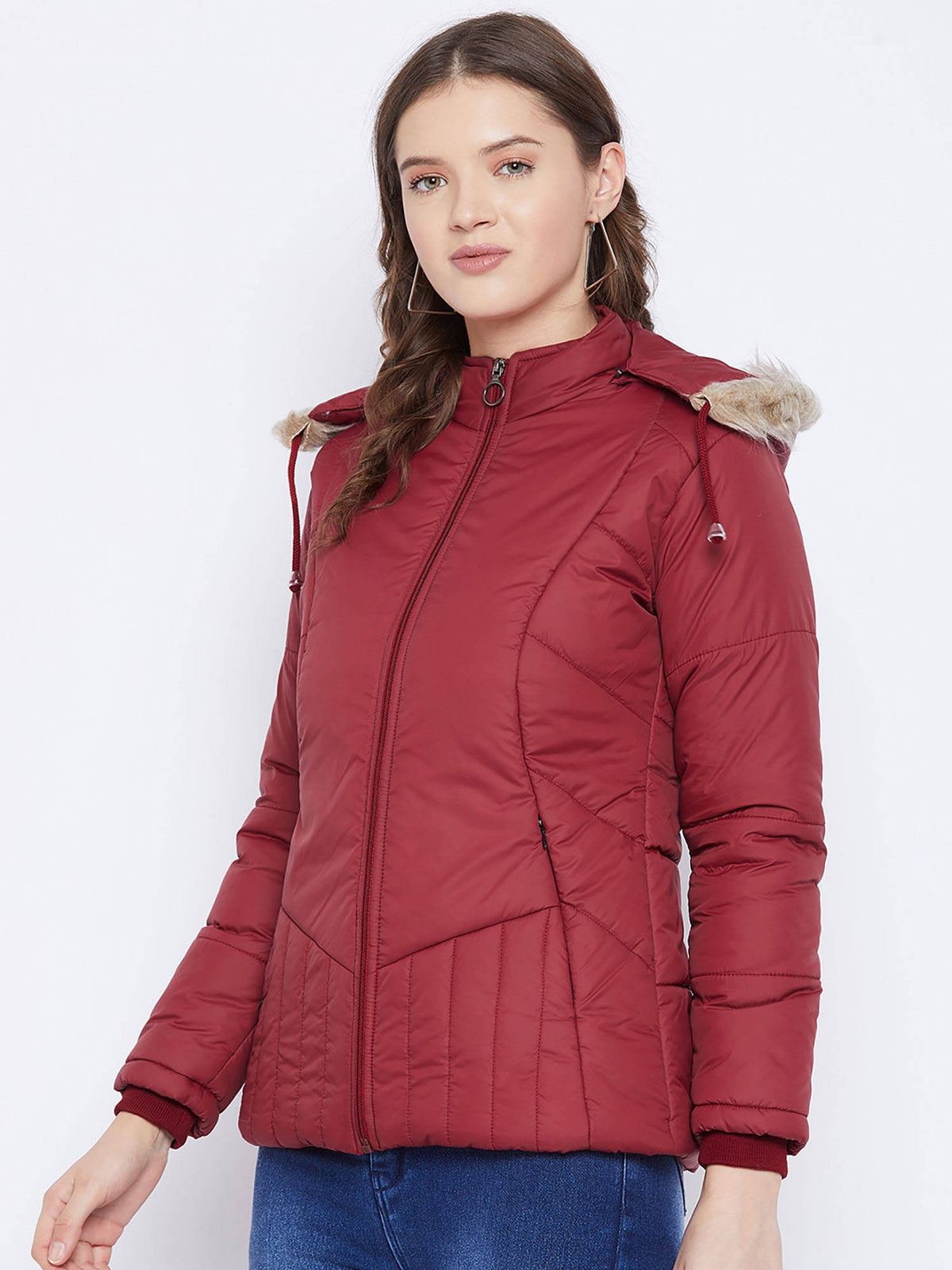 Women's Maroon Winter Wear Full Sleeve Solid Parka Jacket | JC78 - view 3