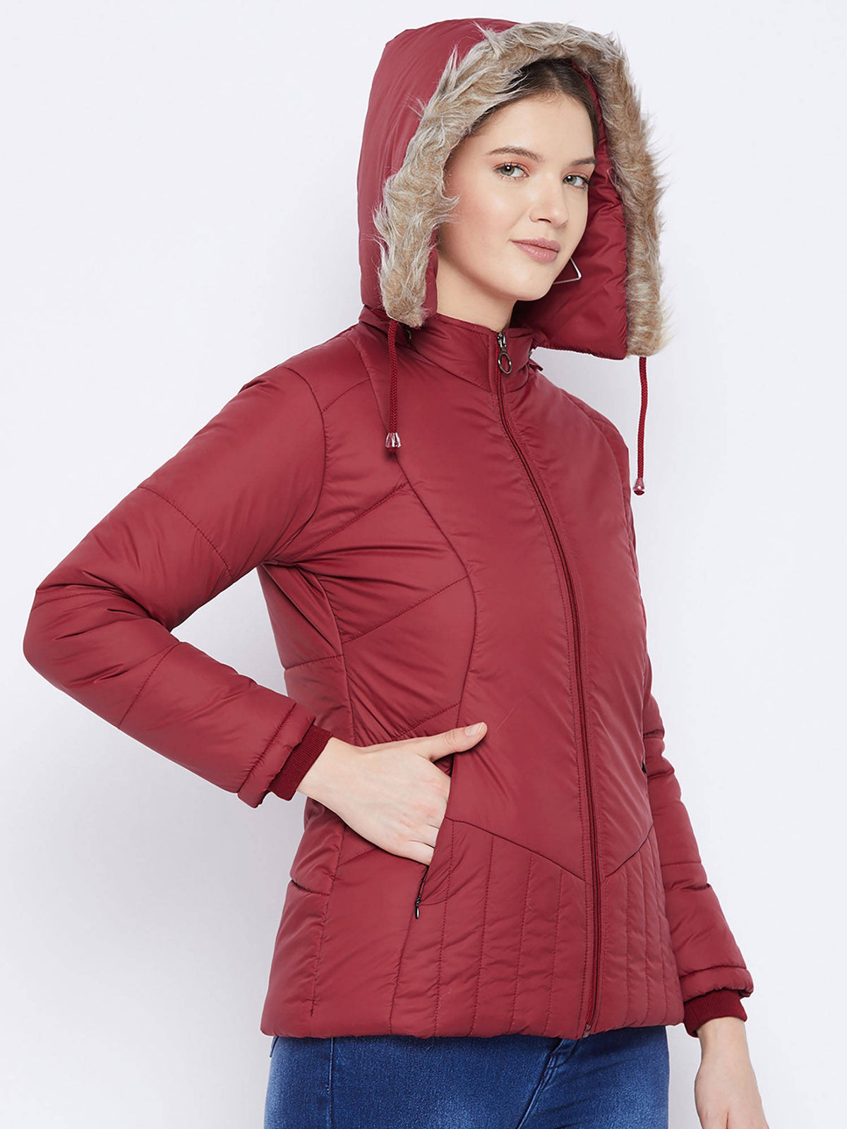 Women's Maroon Winter Wear Full Sleeve Solid Parka Jacket | JC78 - view 4