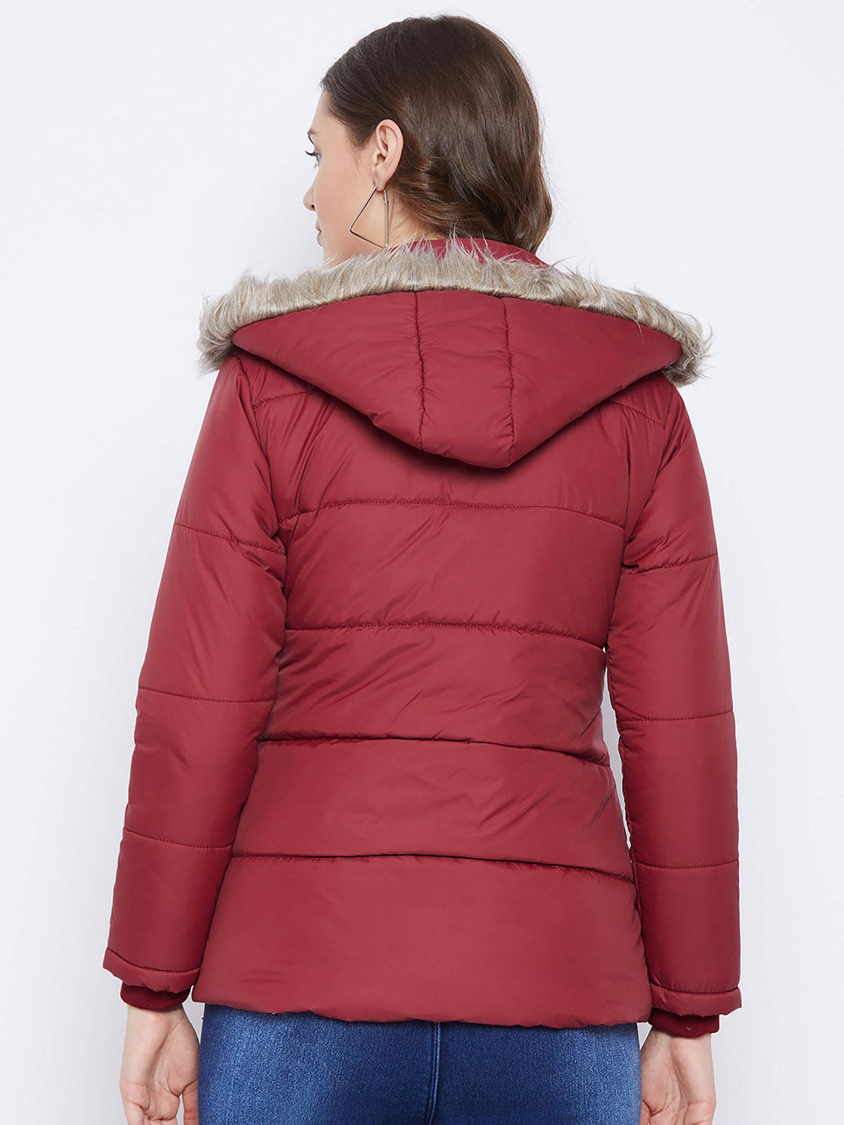 Women's Maroon Winter Wear Full Sleeve Solid Parka Jacket | JC78 - view 5