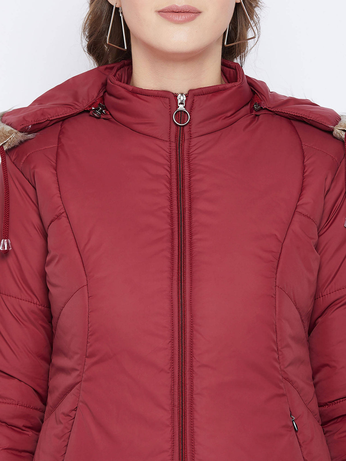 Women's Maroon Winter Wear Full Sleeve Solid Parka Jacket | JC78 - view 6