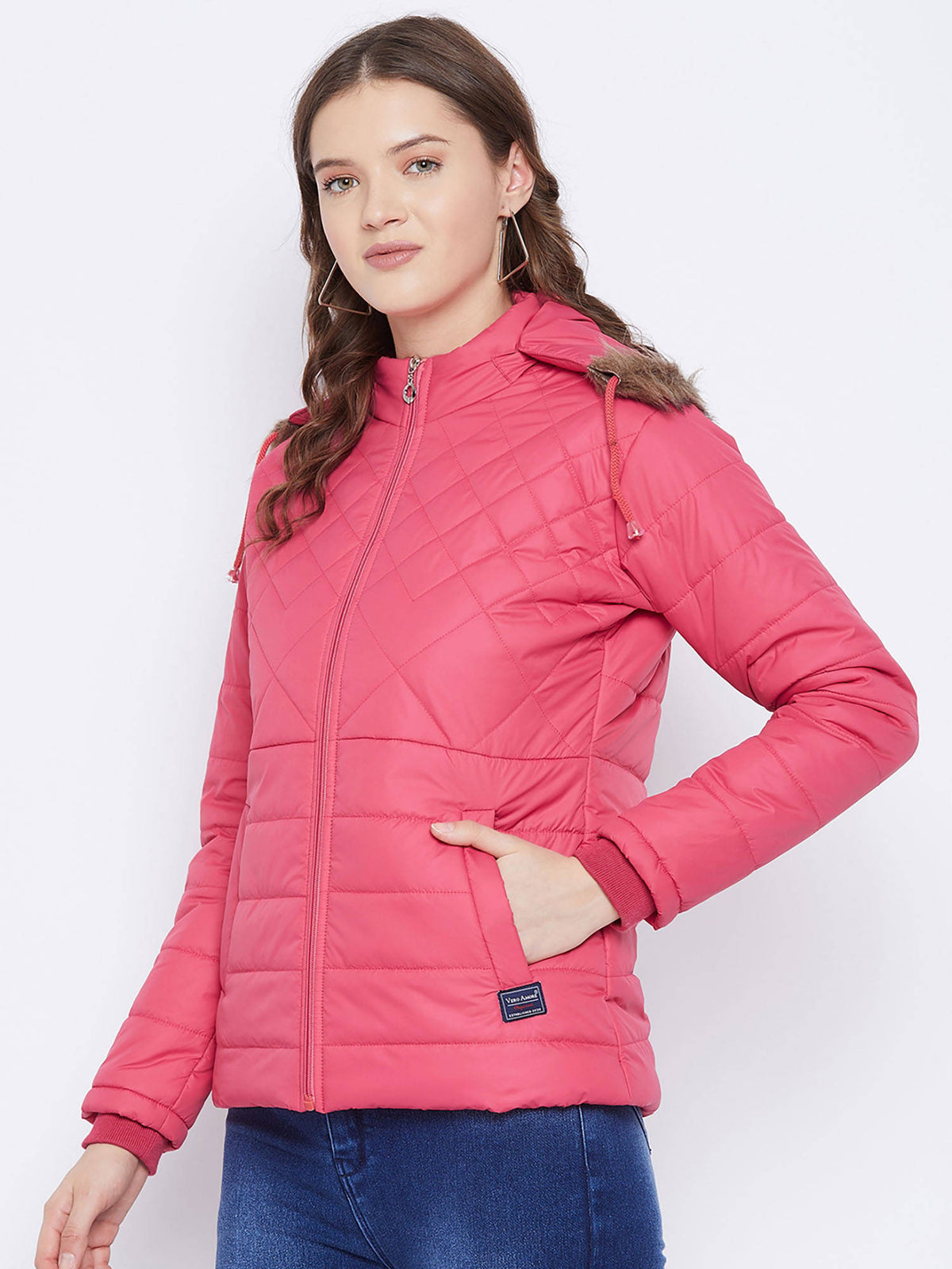 Women's Pink Winter Wear Full Sleeve Solid Parka Jacket | JK12 - view 3