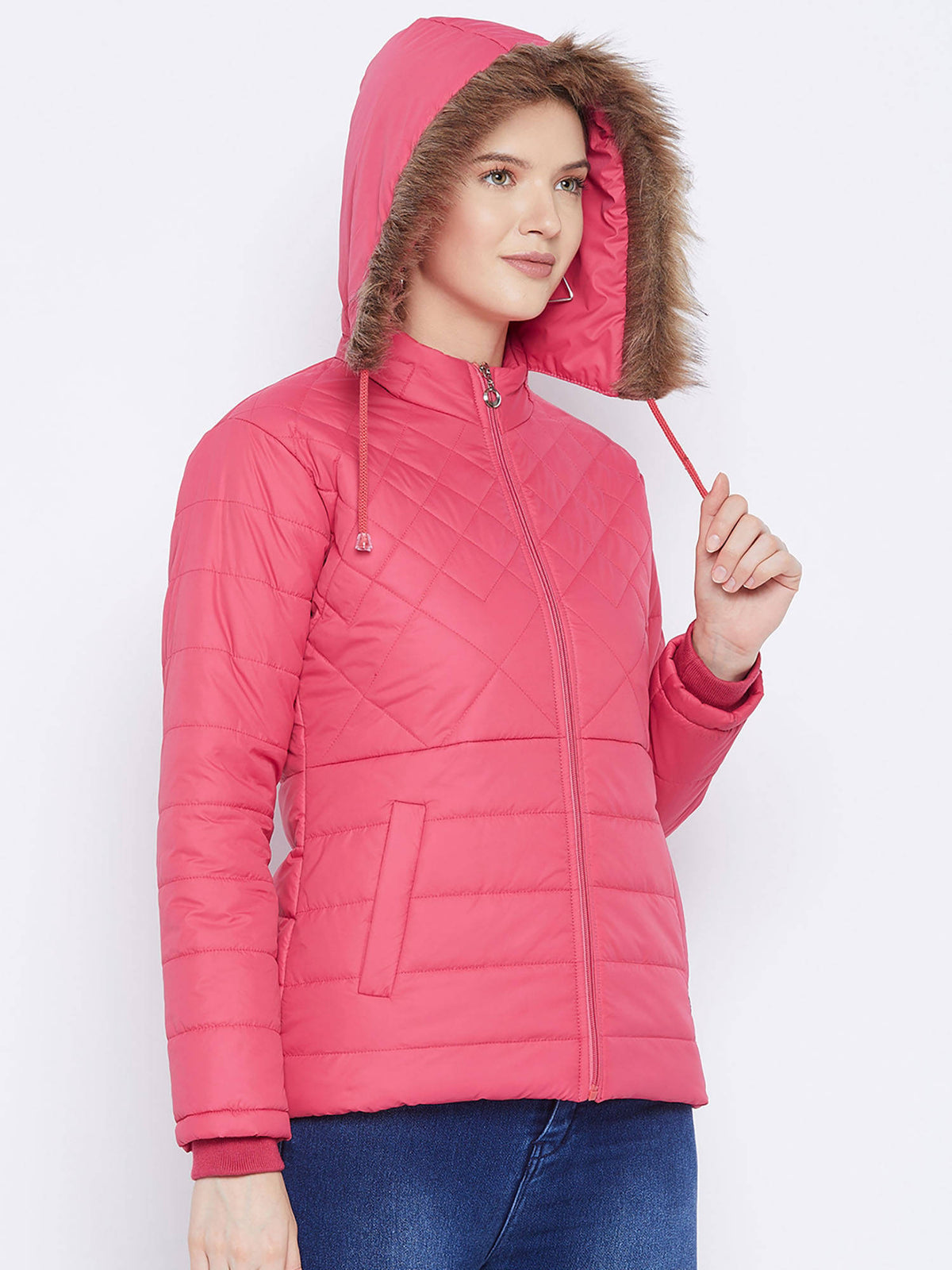 Women's Pink Winter Wear Full Sleeve Solid Parka Jacket | JK12 - view 4