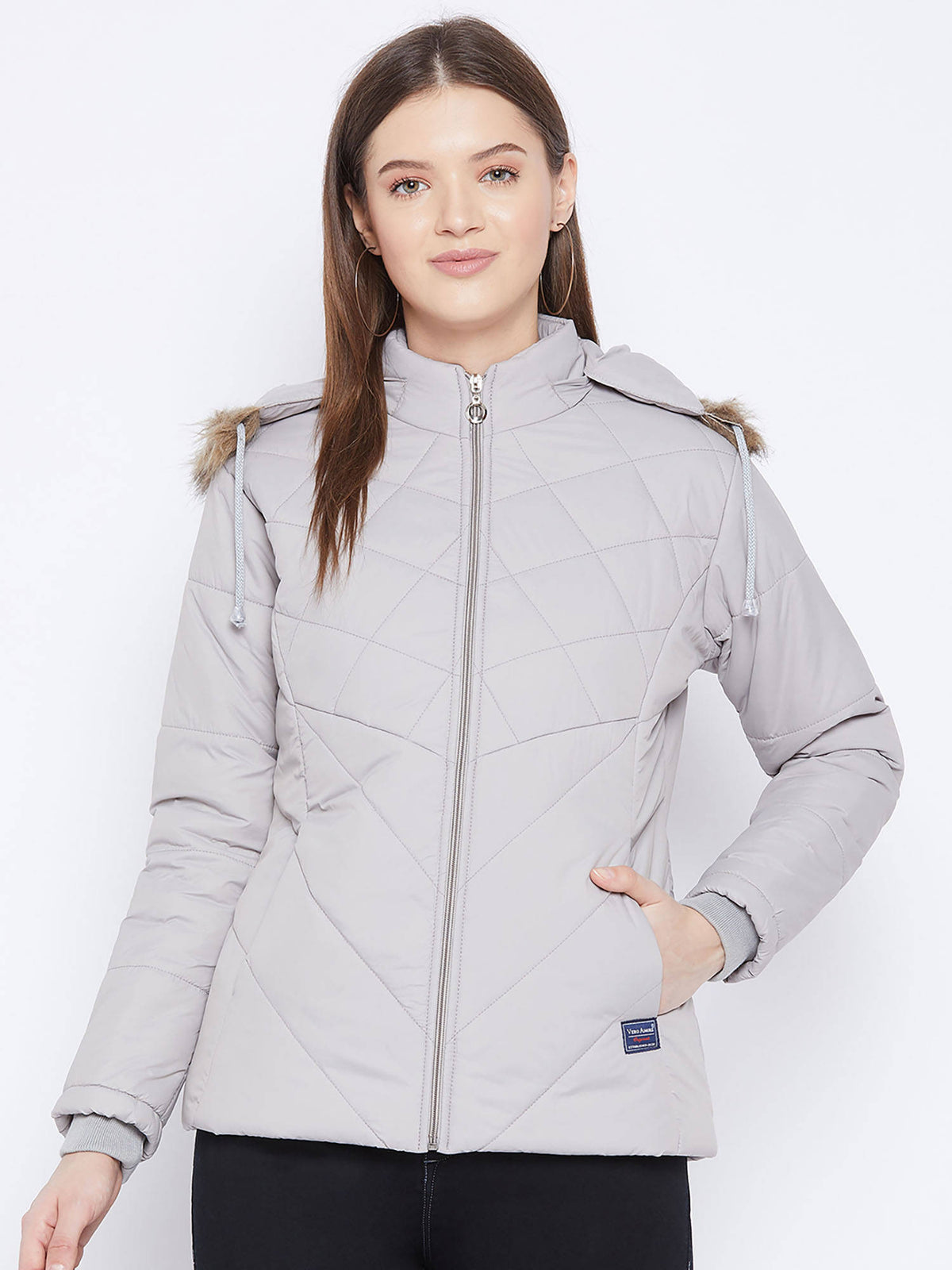 Women's Grey Winter Wear Full Sleeve Solid Parka Jacket | JC78 - view 1