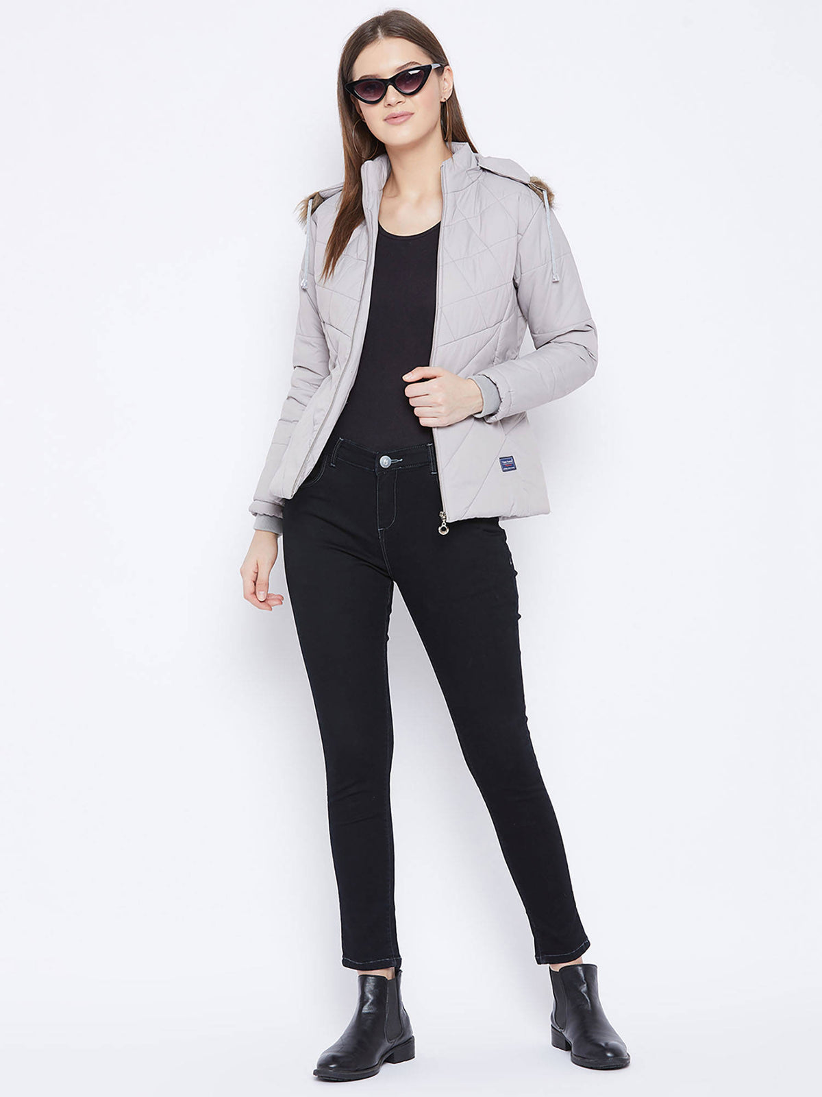 Women's Grey Winter Wear Full Sleeve Solid Parka Jacket | JC78 - view 2