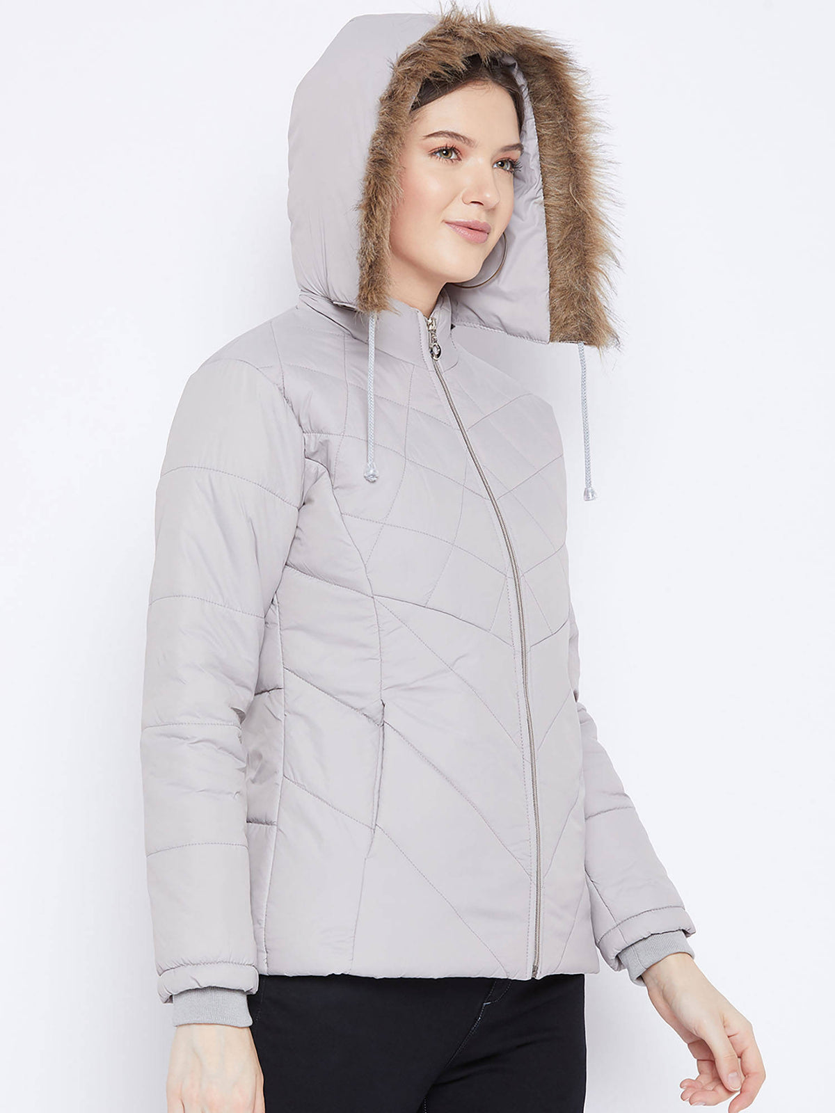 Women's Grey Winter Wear Full Sleeve Solid Parka Jacket | JC78 - view 4
