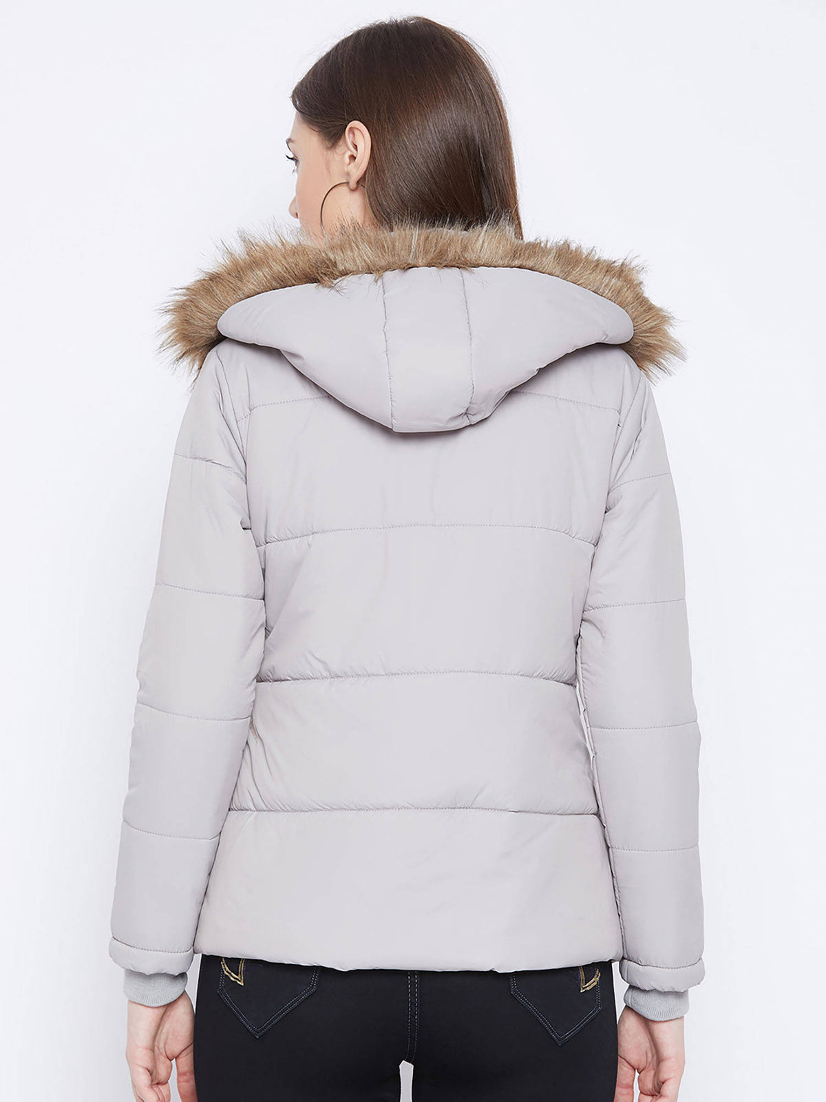 Women's Grey Winter Wear Full Sleeve Solid Parka Jacket | JC78 - view 5