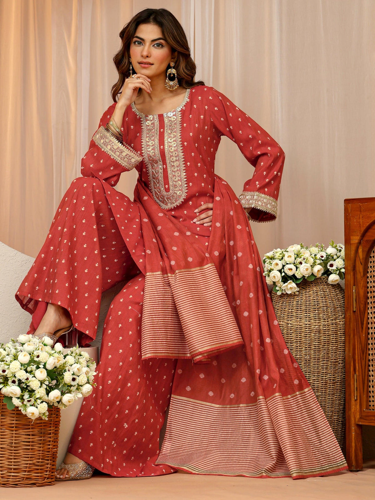 Libas Vermillion Orange Woven Design Chanderi Silk Palazzo Suit Set KS67