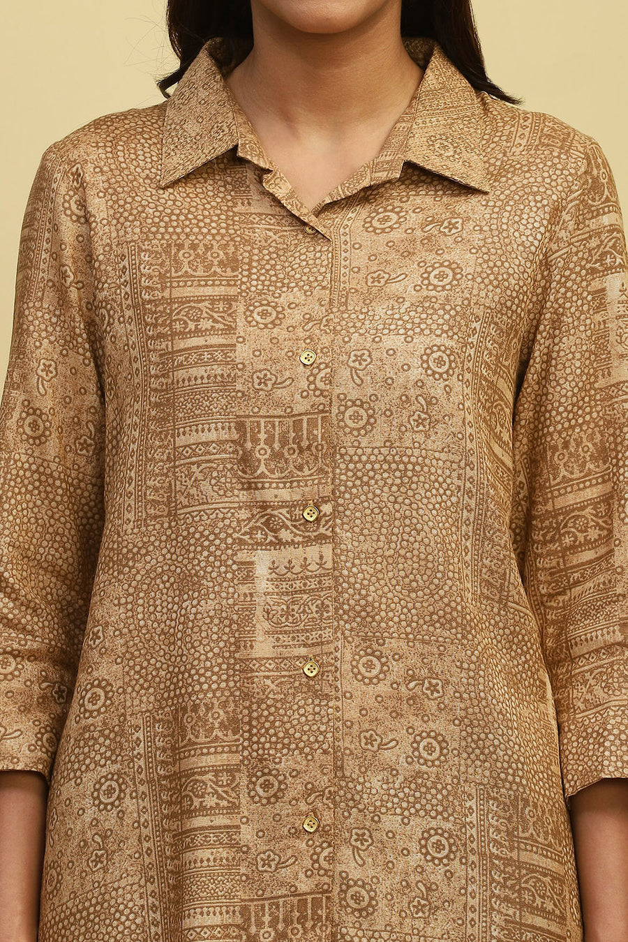 Beige Printed Shirt Style Straight Kurti K60