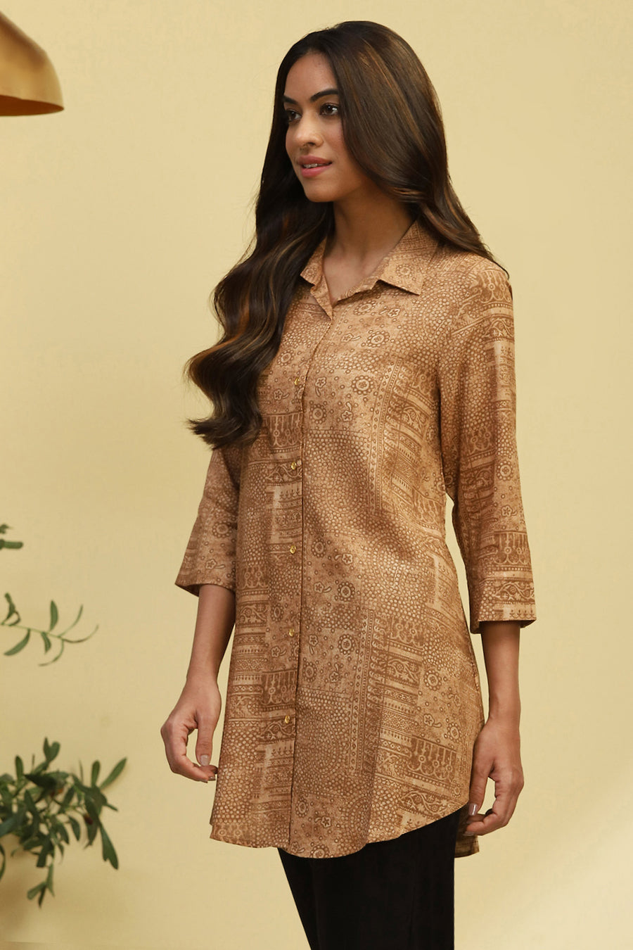 Beige Printed Shirt Style Straight Kurti K60
