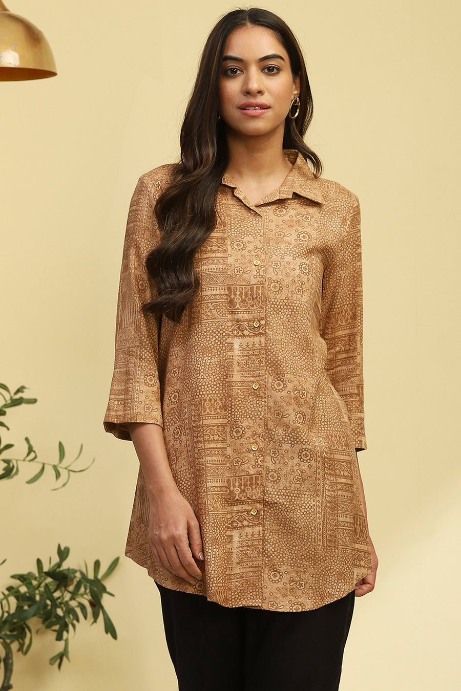 Beige Printed Shirt Style Straight Kurti K60