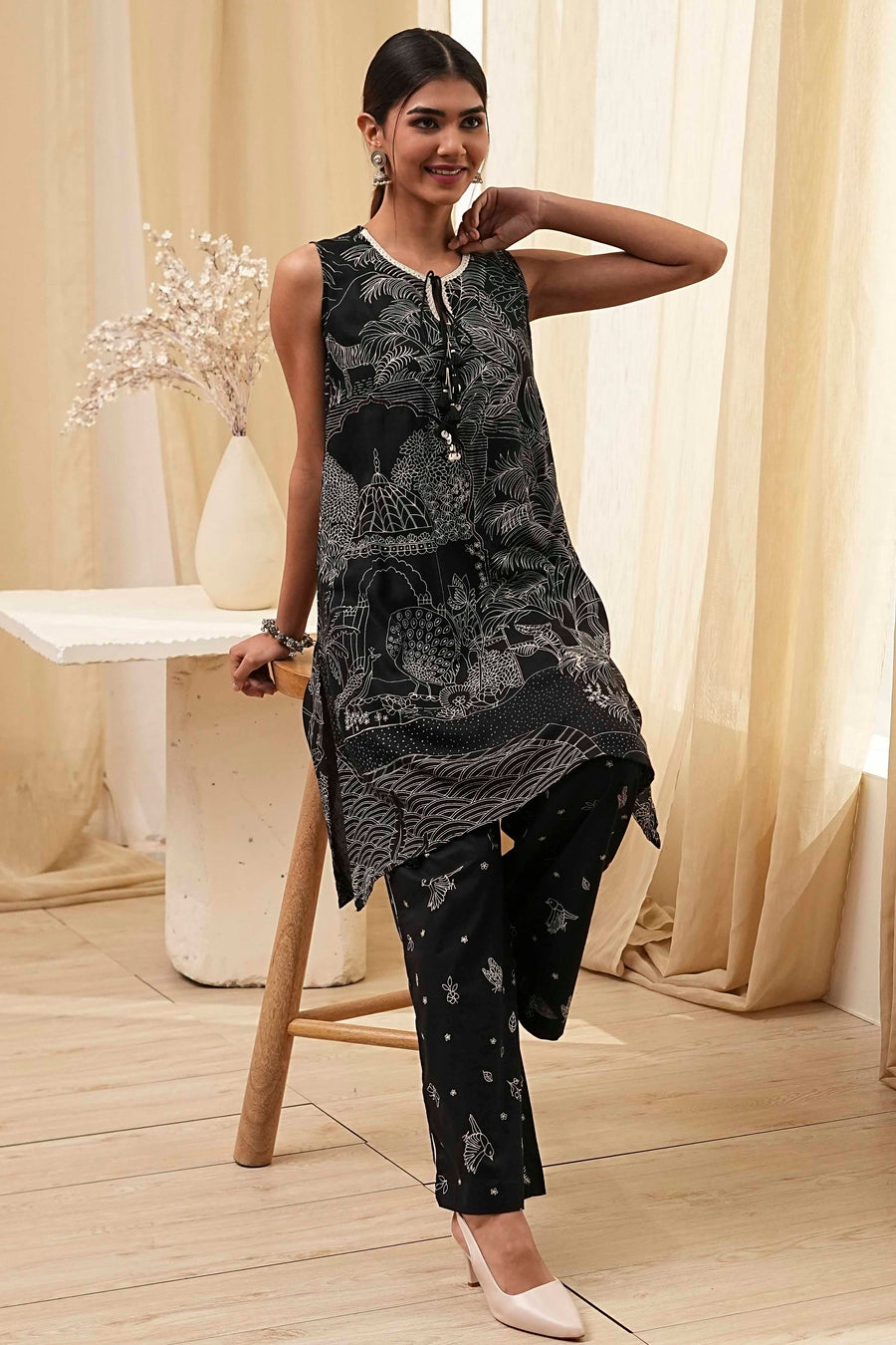 Black Printed Asymmetric Kurta Set CO87