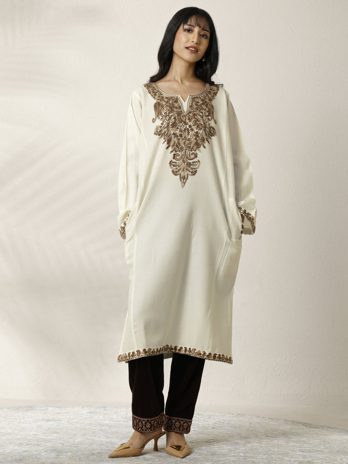Libas White Embroidered Wool Straight Kurta