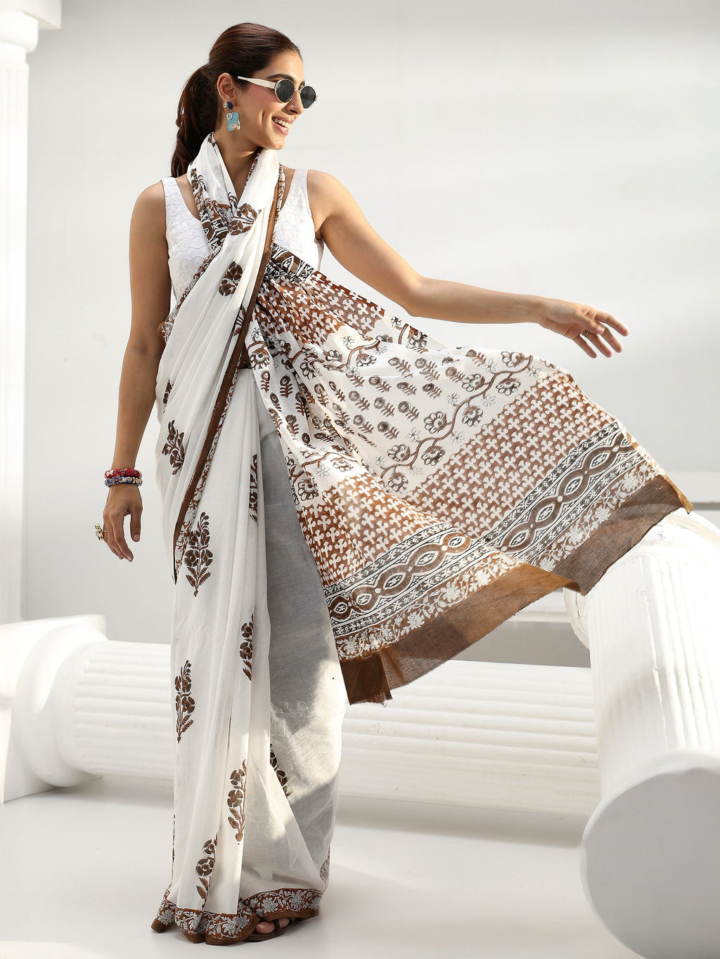Libas White Floral Sanganeri Print Cotton Saree