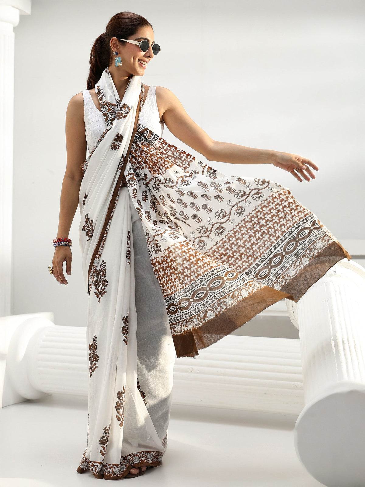Libas White Floral Sanganeri Print Cotton Saree