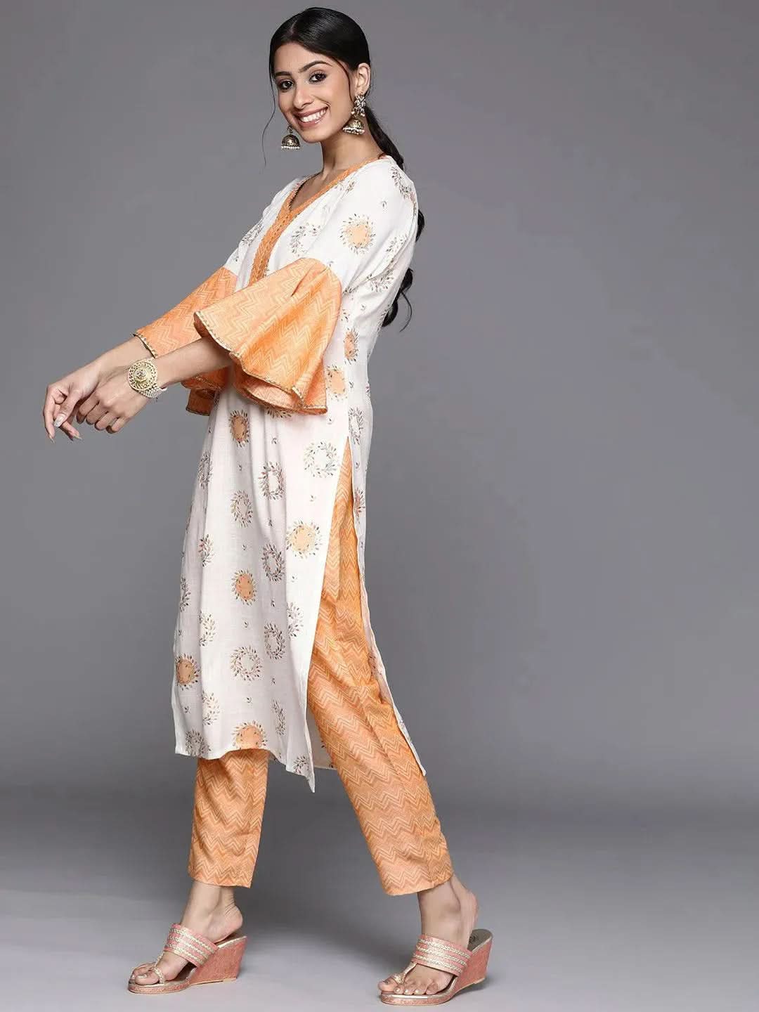 Gerua White Printed Rayon Kurta