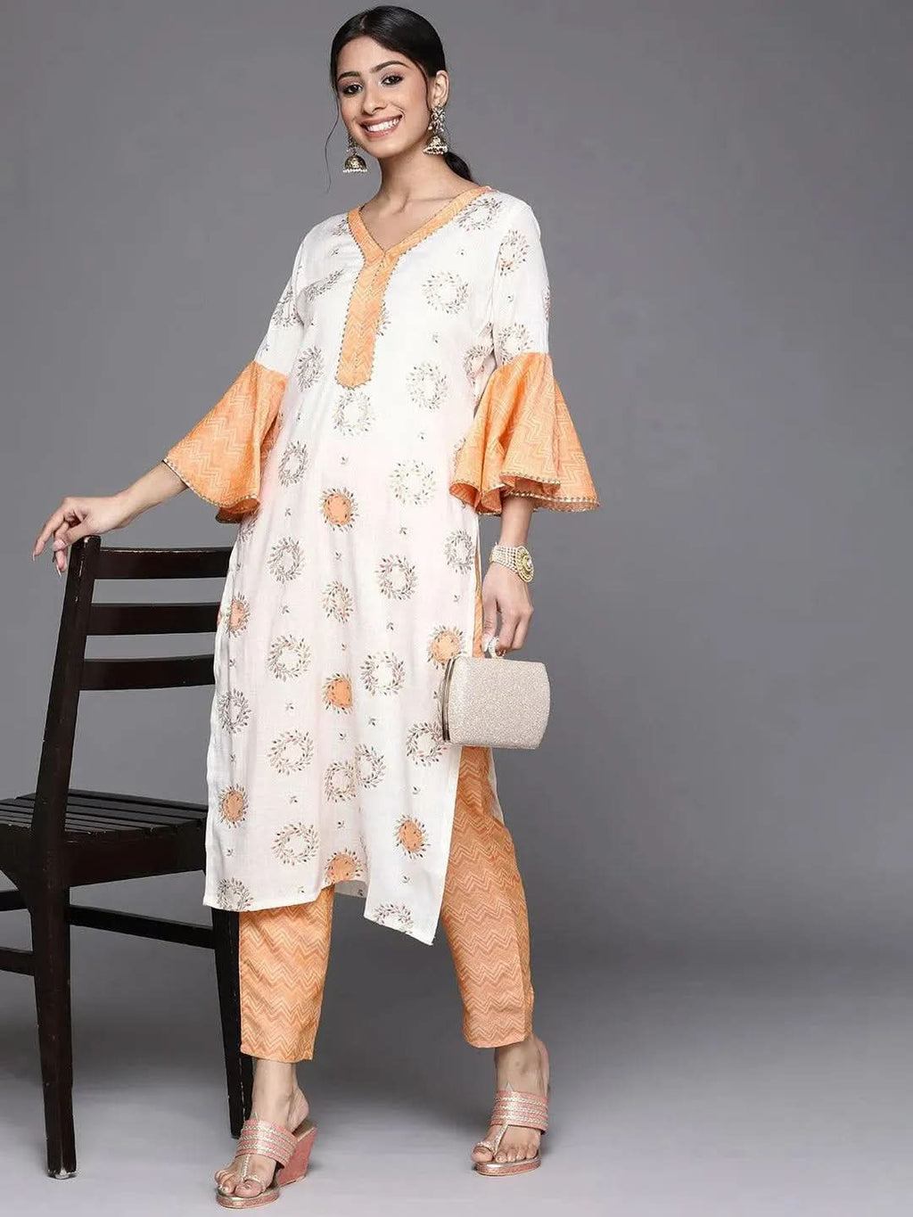 Gerua White Printed Rayon Kurta