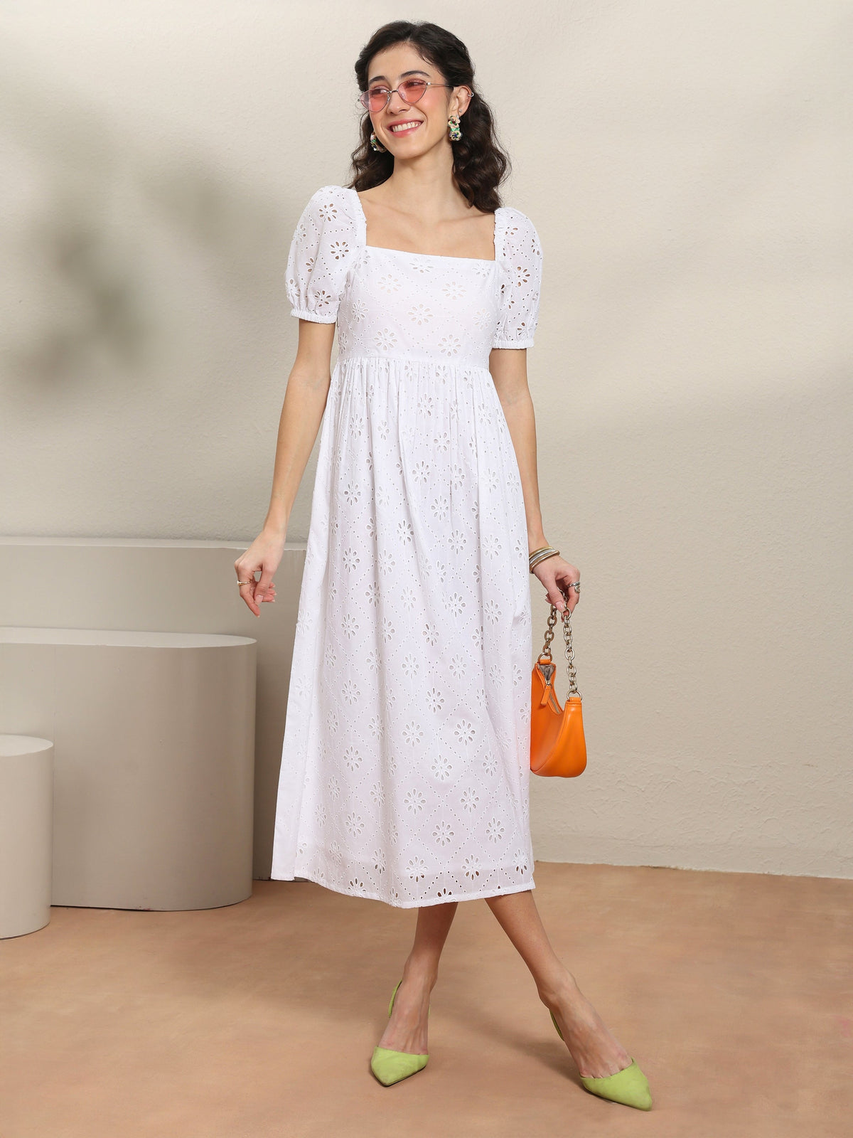 Libas White Schiffli Embroidered Cotton A-Line One-Piece Dress
