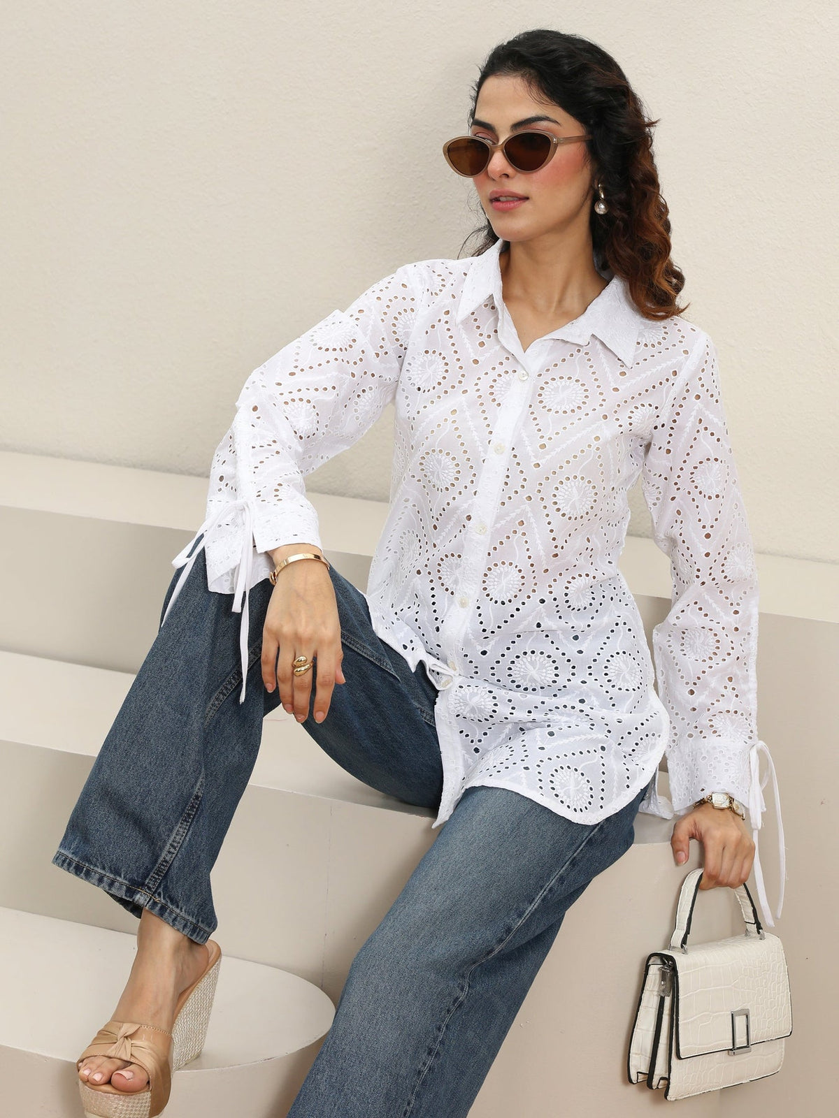 Libas White Self Design Cotton Shirt K60