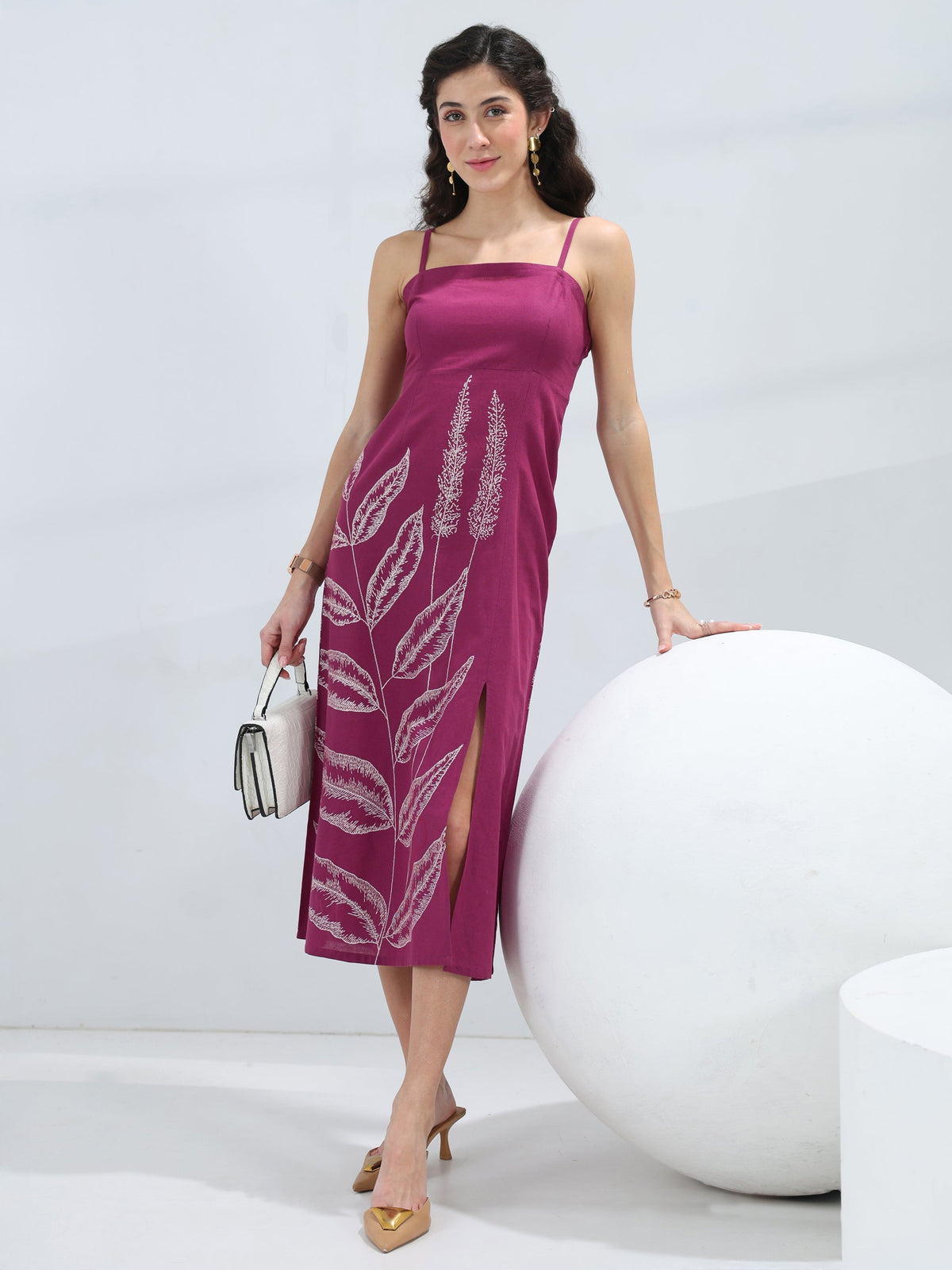 Libas Wine Tropical Printed Cotton A-Line One-Piece Dress