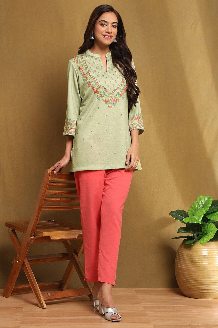 Mint Green Knit Printed Straight Winter wear Short Kurta K60