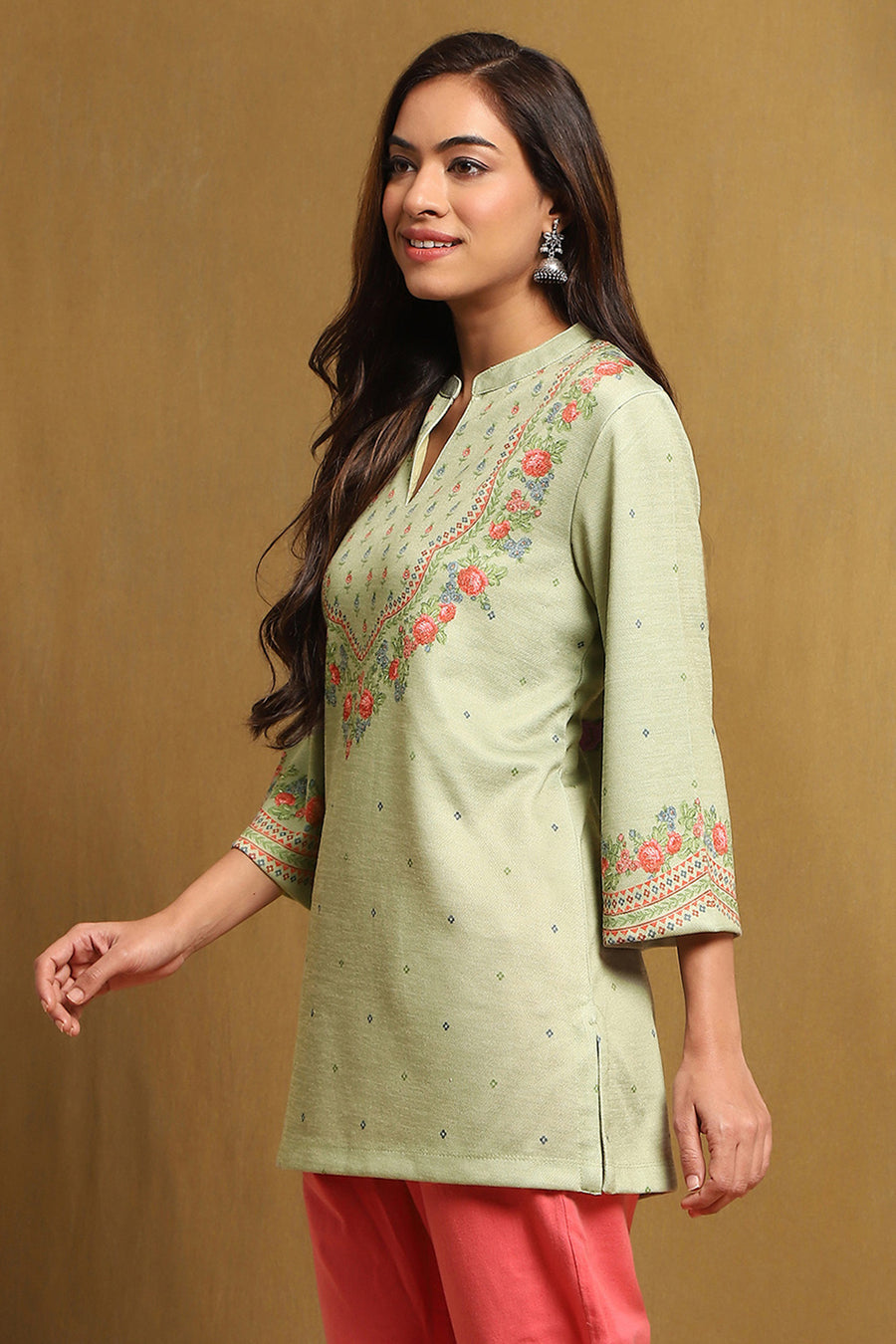 Mint Green Knit Printed Straight Winter wear Short Kurta K60
