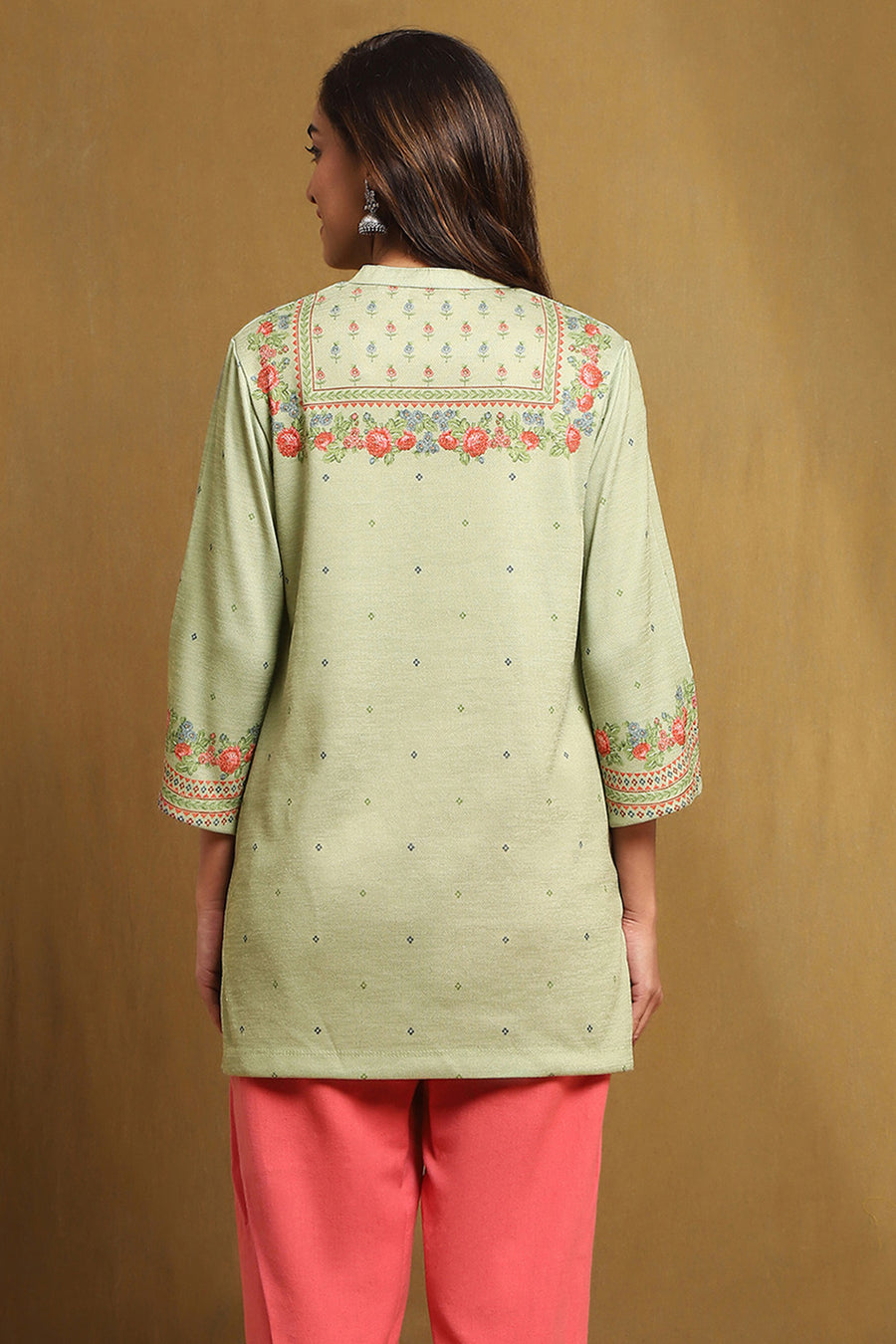 Mint Green Knit Printed Straight Winter wear Short Kurta K60