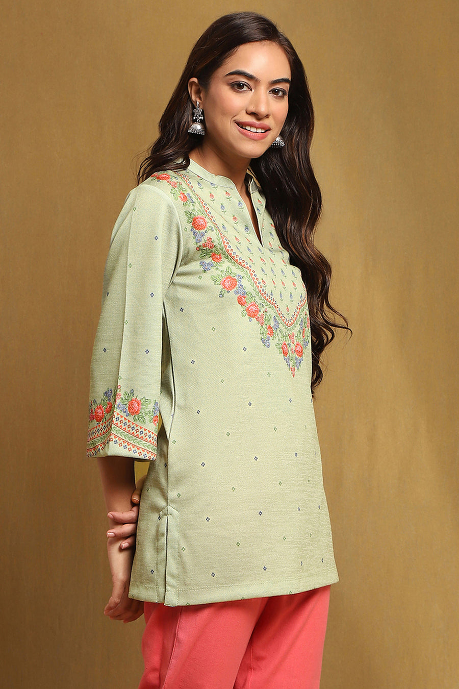 Mint Green Knit Printed Straight Winter wear Short Kurta K60