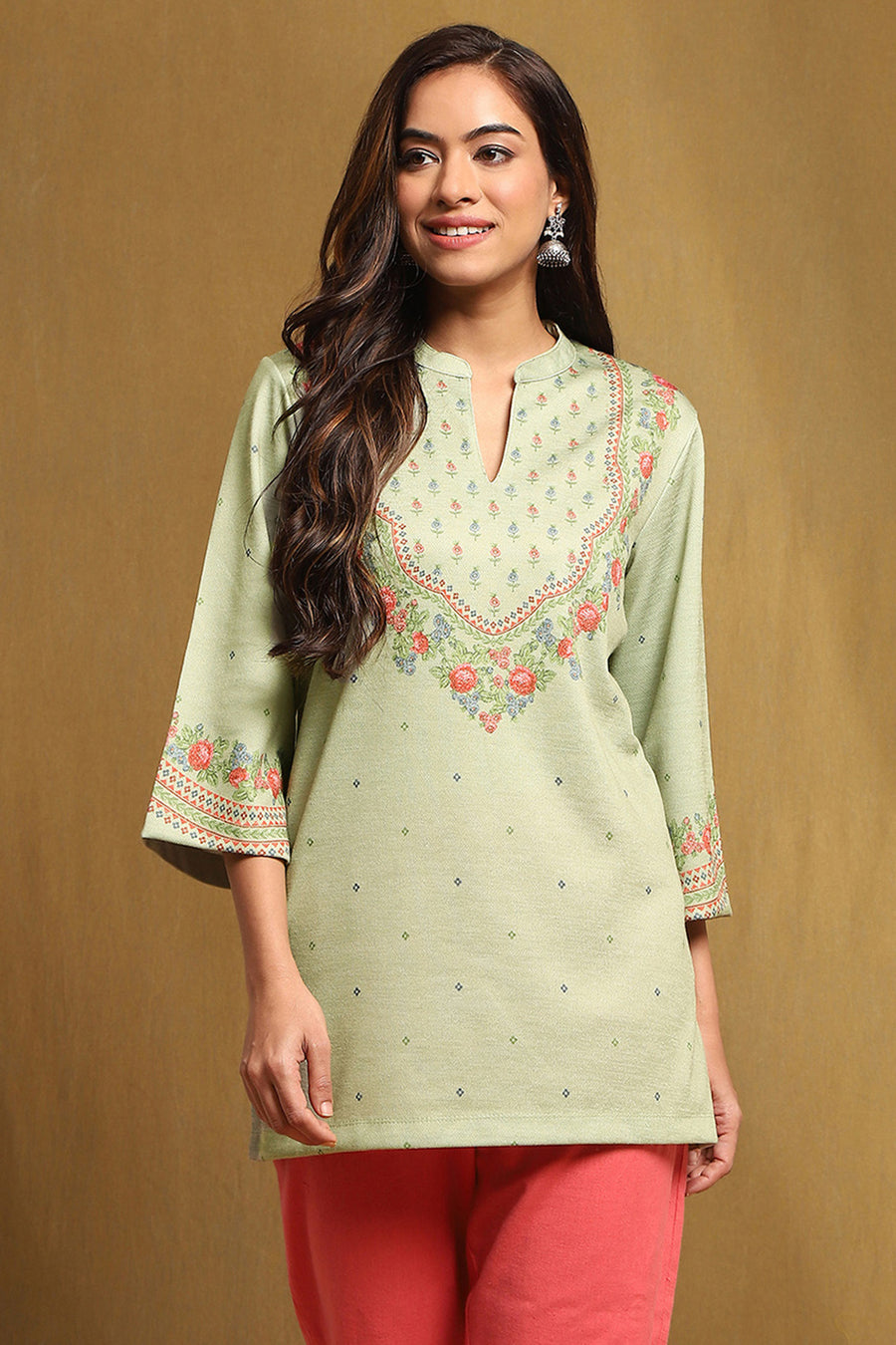 Mint Green Knit Printed Straight Winter wear Short Kurta K60