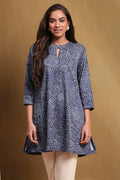 Ink Blue Knitted Block-Print Winter wear Short Kurta K60