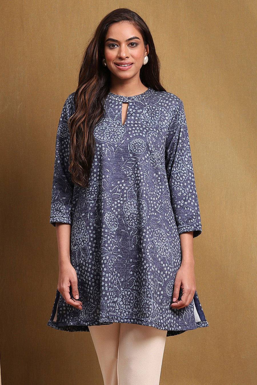 Ink Blue Knitted Block-Print Winter wear Short Kurta K60