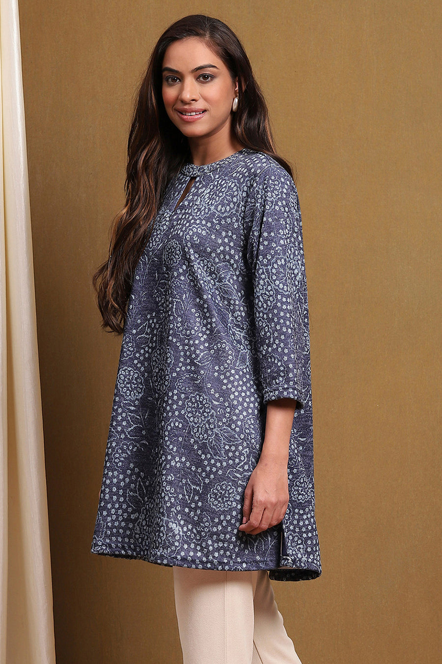 Ink Blue Knitted Block-Print Winter wear Short Kurta K60