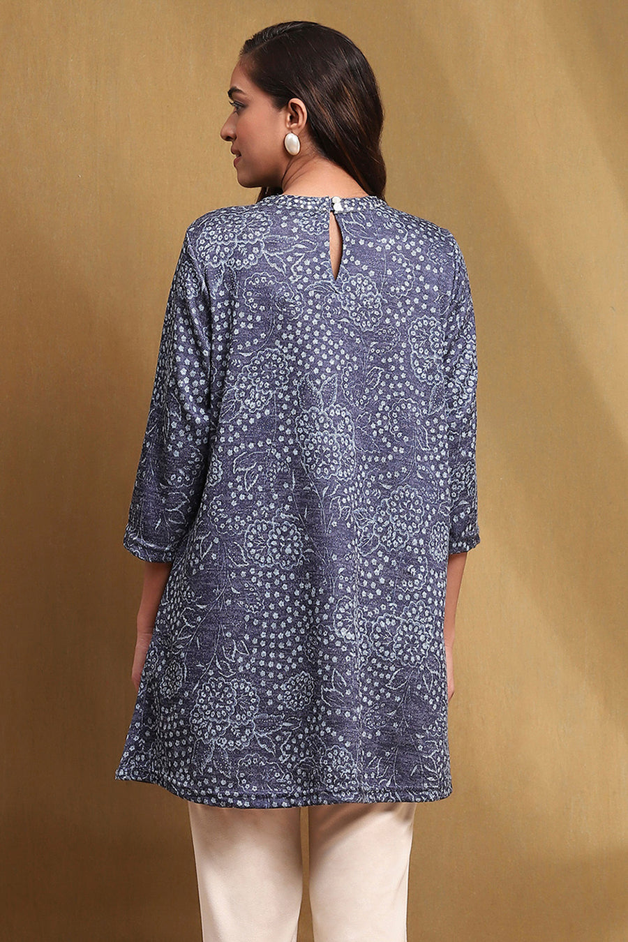 Ink Blue Knitted Block-Print Winter wear Short Kurta K60